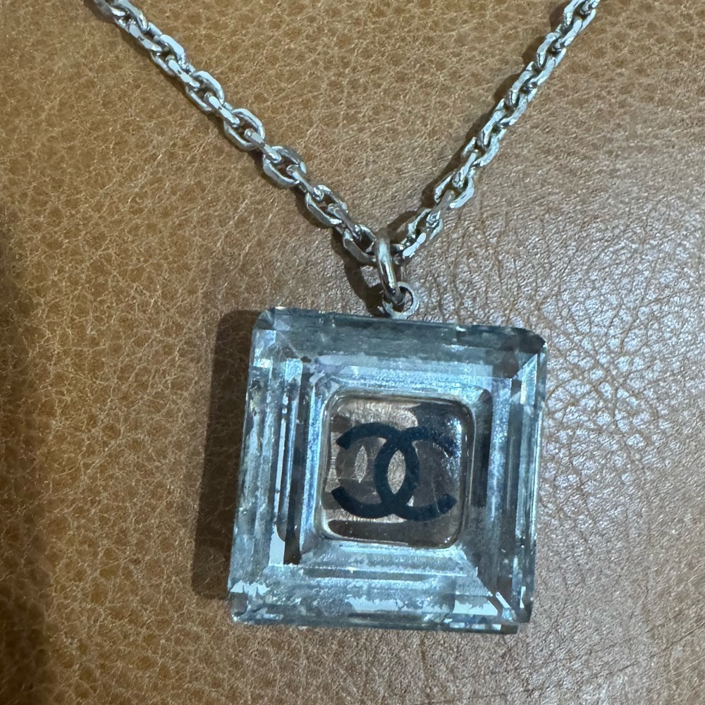 CHANEL Clear Crystal Square Pendant Necklace with Black CC